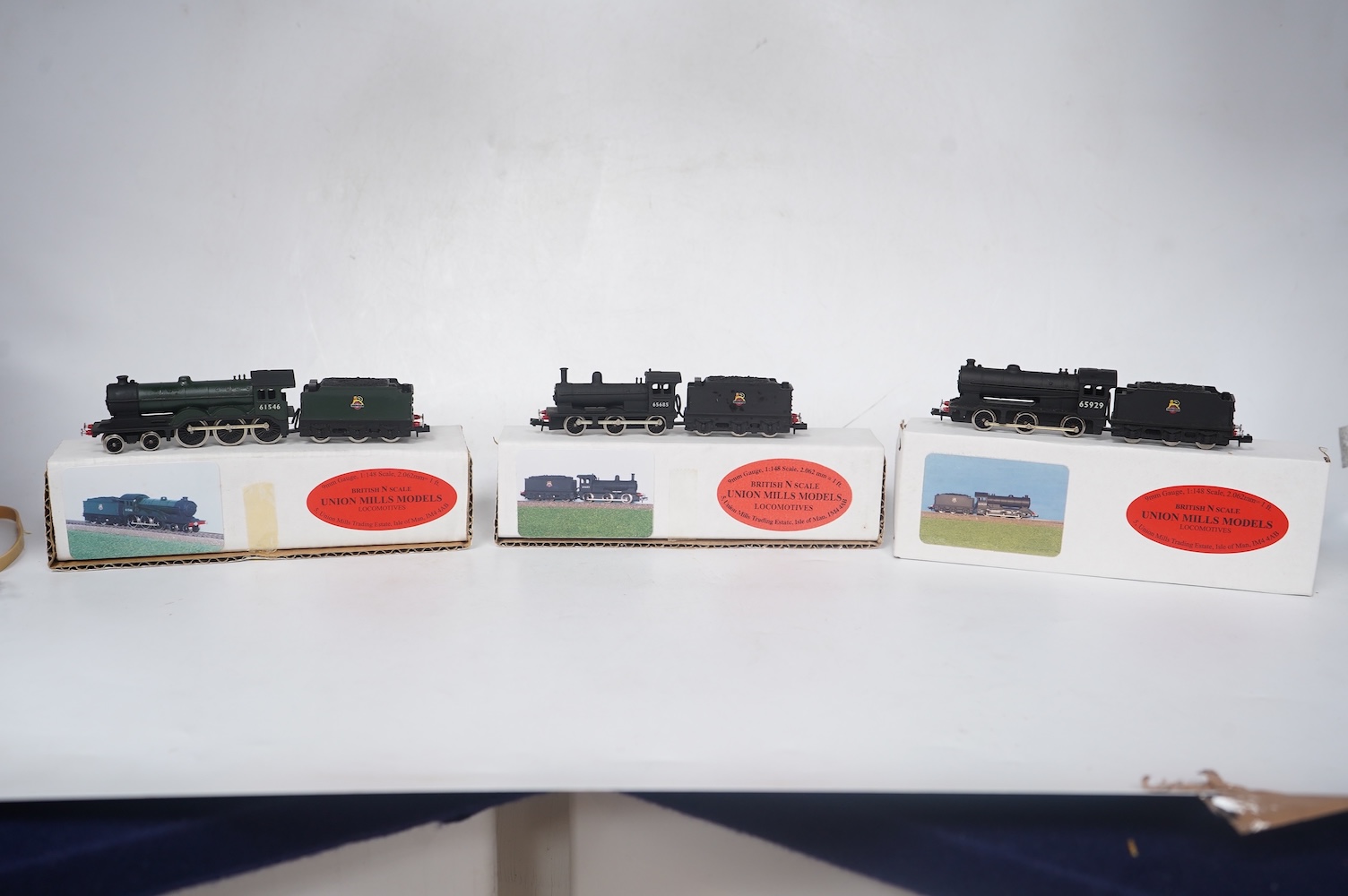 Three boxed Union Mills Models N gauge railway BR locomotives; a Class J38, 65929, a Class J25, 65685, and a Class B12/3, 61546. Condition - good.